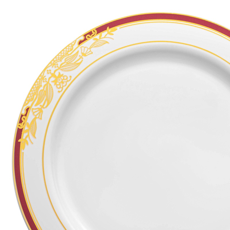 White with Burgundy and Gold Harmony Rim Plastic Appetizer/Salad Plates (7.5″)