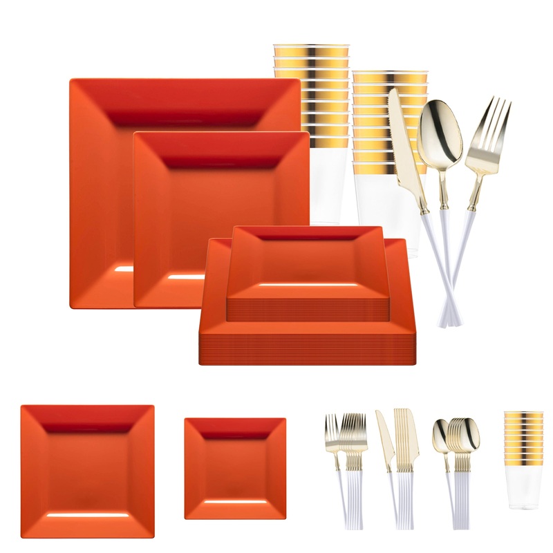 Burnt Orange Square Disposable Plastic Tableware Set