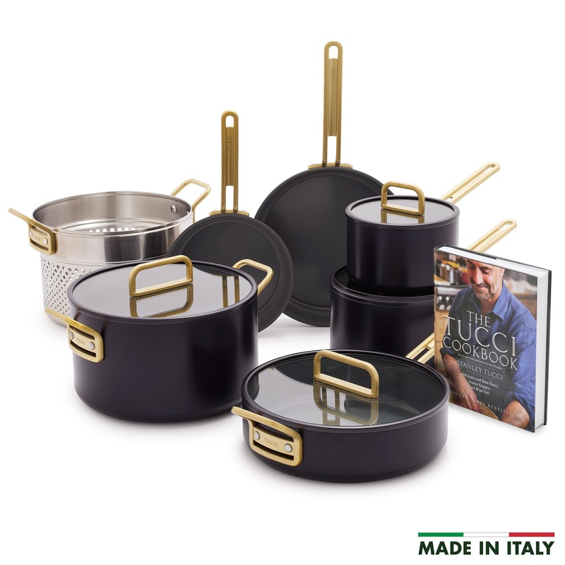 Stanley Tucci Ceramic Nonstick 11-Piece Cookware Set with the Tucci Cookbook | Calabrian Fig