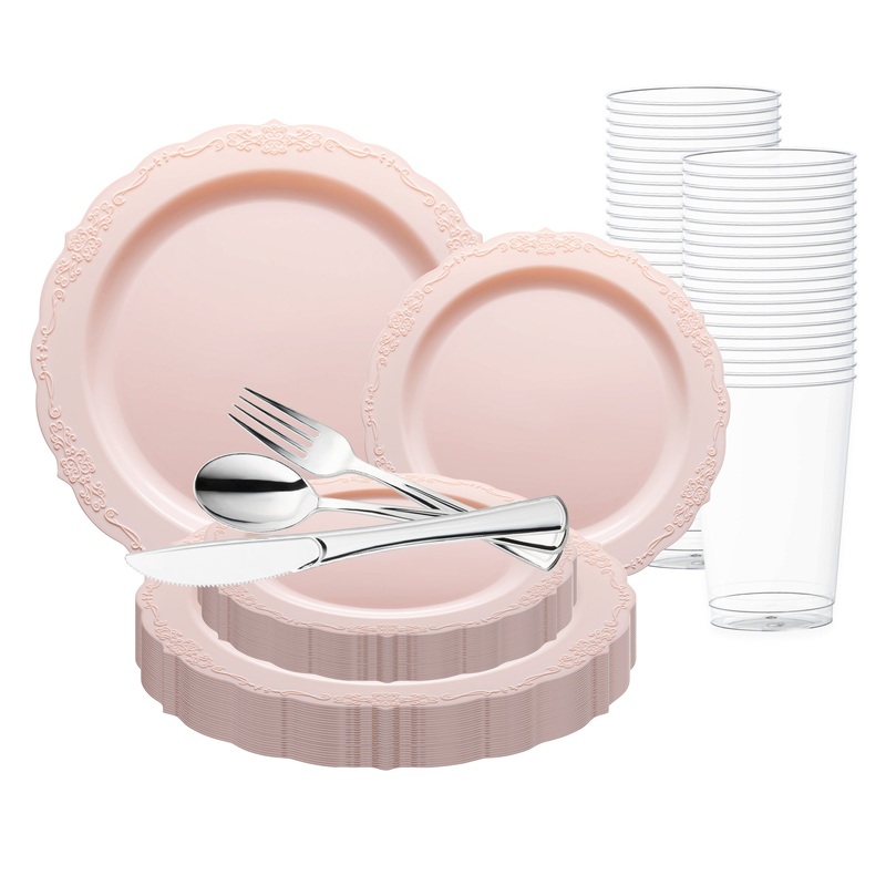 Pink Vintage Round Disposable Plastic Wedding Value Set