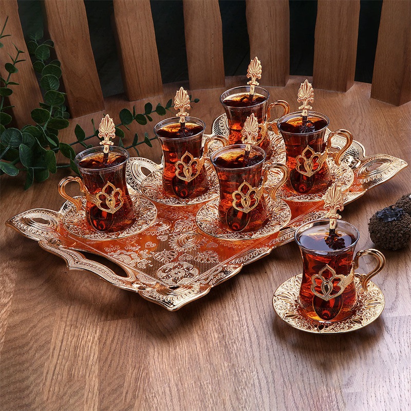 Turkish Tea Glasses Set of 6 with Saucers, Tray, Spoons, 3.4 oz