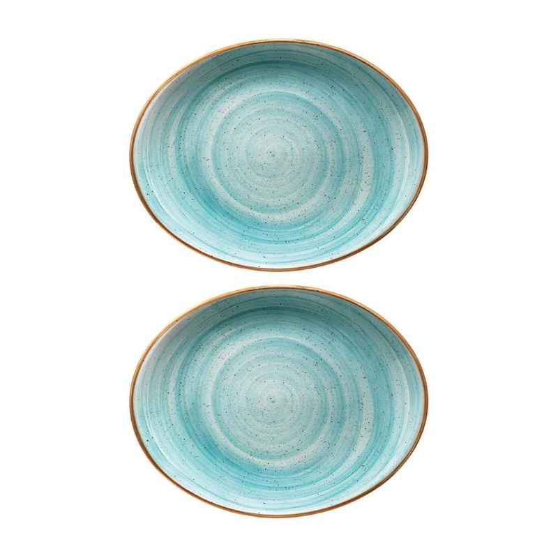 Aqua 9.75″ x 7.5″ x h:1″ Oval Blue Porcelain Platter (Set of 2)