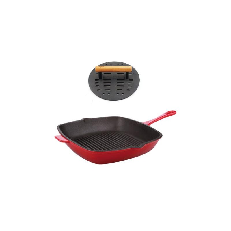 BergHOFF Neo 2pc Cast Iron 11″ Grill Pan with Slotted Steak Press, Red