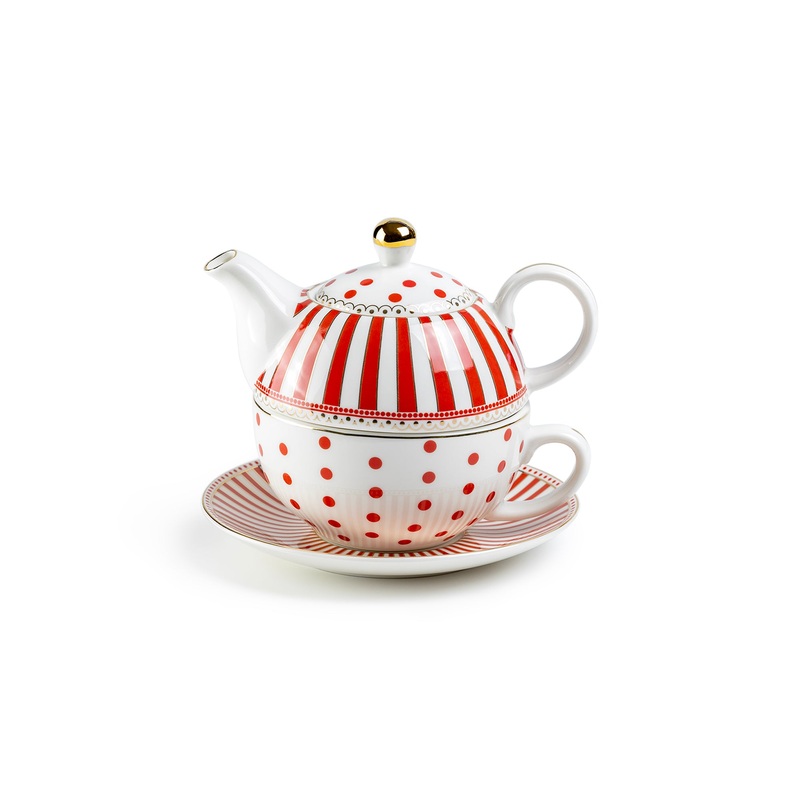 Red Josephine Stripes and Dots Fine Porcelain Tea For One Set