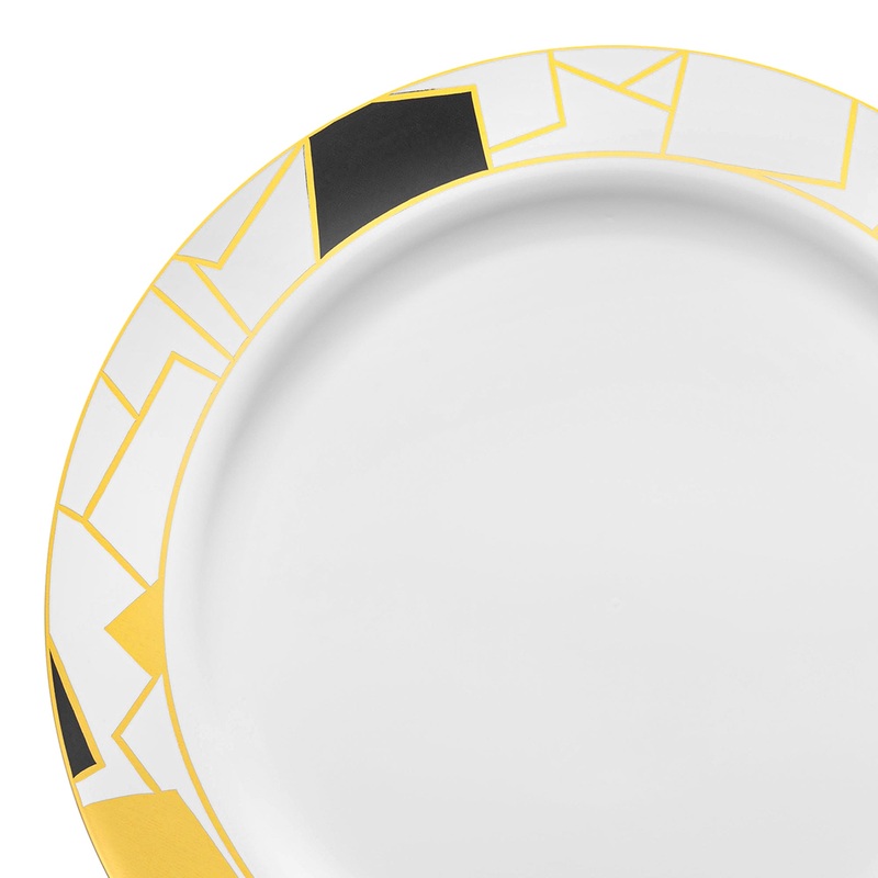 White with Black and Gold Abstract Squares Pattern Round Disposable Plastic Dinner Plates (10.25″)