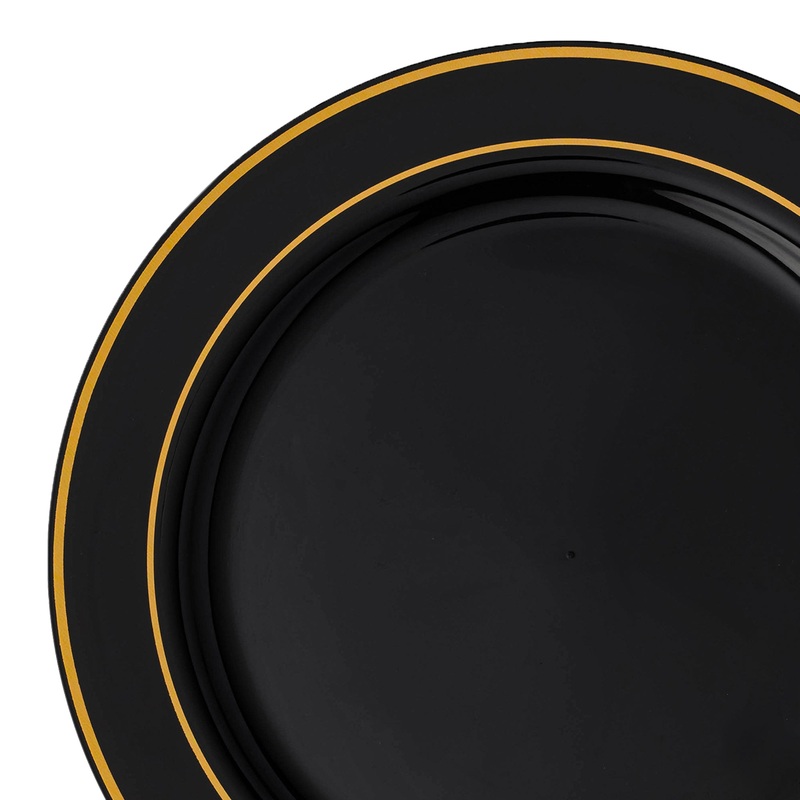 Black with Gold Edge Rim Plastic Dinner Plates (10.25″)