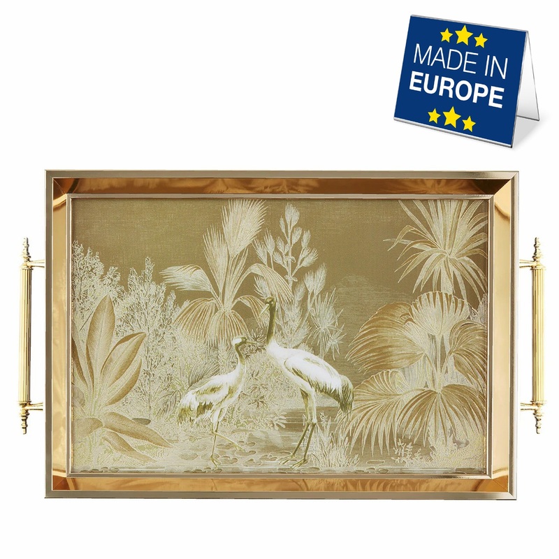 Hakan Rectangular Decorative Serving Tray 19×11.5-inch Gold-Garden Elegance with Glass Surface