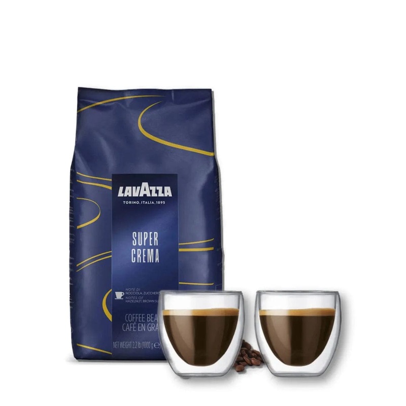 Lavazza Super Crema Espresso Coffee Beans(1kg / 2.2lb) + Bodum Pavina Small 2.5oz Double Walled Coffee & Espresso Glasses Bundle