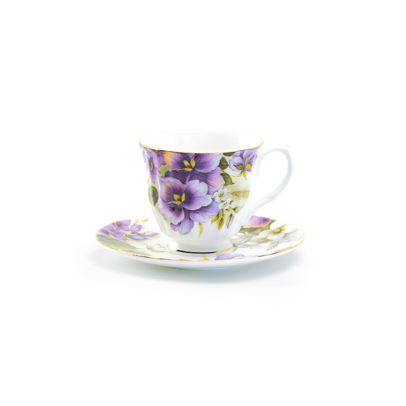 Purple Pansy Bone China Tea Cup and Saucer