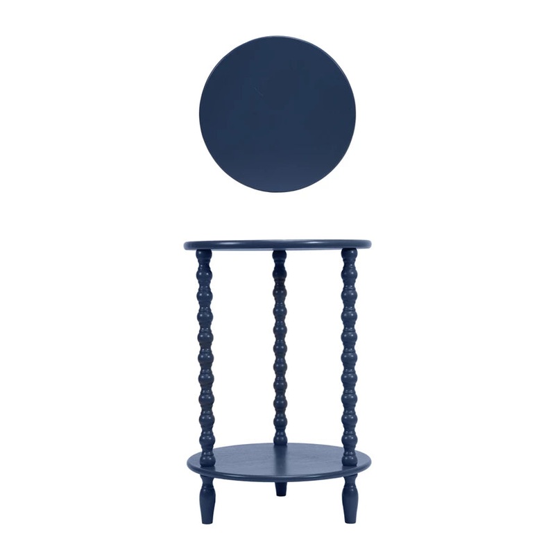 Round Wood Table w Shelf & Turned Legs, Blue, 26″ H