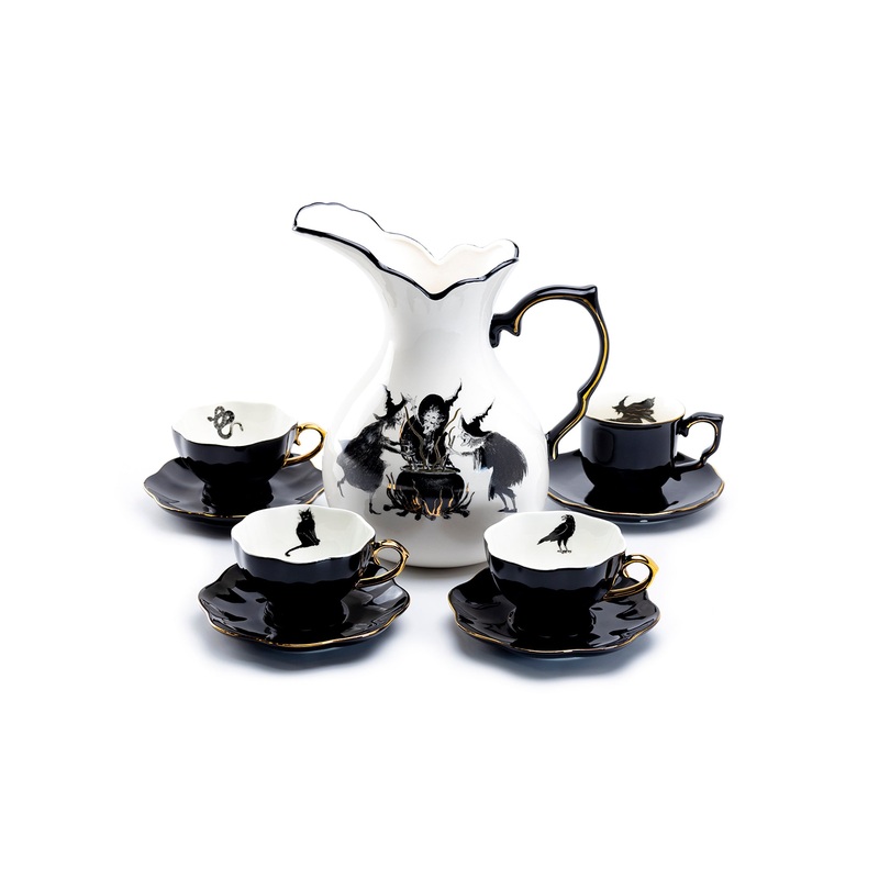 Witches Brew Pitcher + 4 Assorted Halloween Tea Cup and Saucer Sets – Ver. A