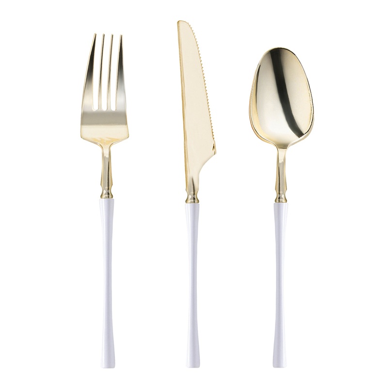 Gold with White Handle Moderno Disposable Plastic Cutlery Set – 20 Spoons, 20 Forks and 20 Knives