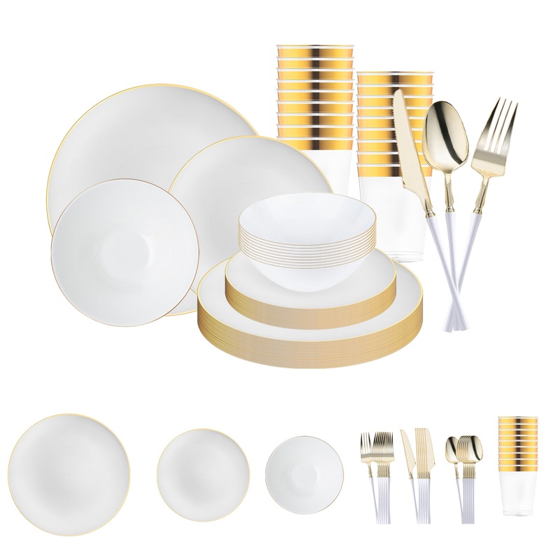 White with Gold Organic Disposable Plastic Tableware Set