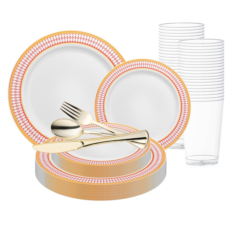 White with Red and Gold Chord Rim Plastic Wedding Value Set