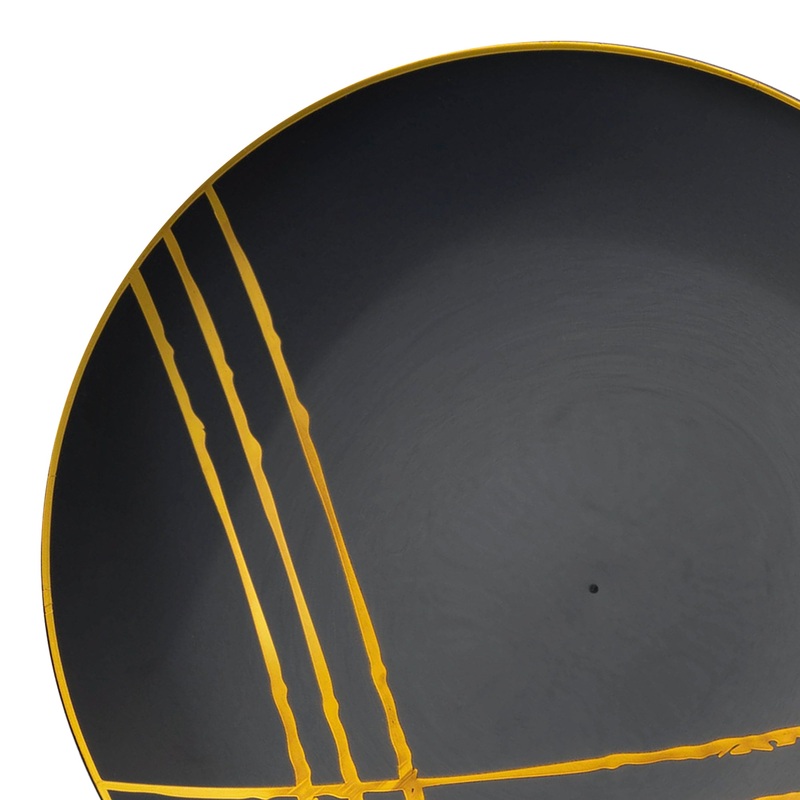 Black with Gold Brushstroke Round Disposable Plastic Dinner Plates (10.25″)