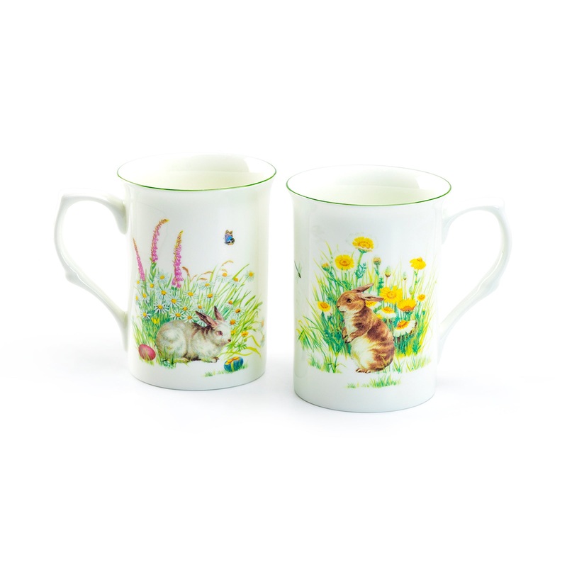 Flower Brown Bunny & Flower White Bunny Bone China Assorted Mugs