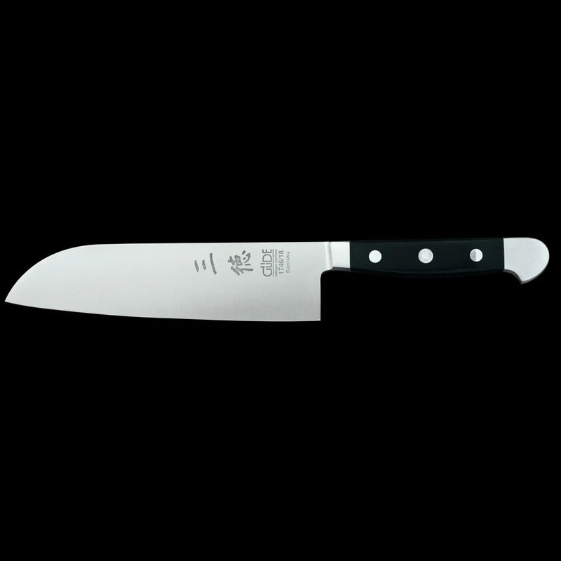 Gde Alpha Series – 7″ Forged Double Bolster Santoku Knife, Black Hostaform Handle