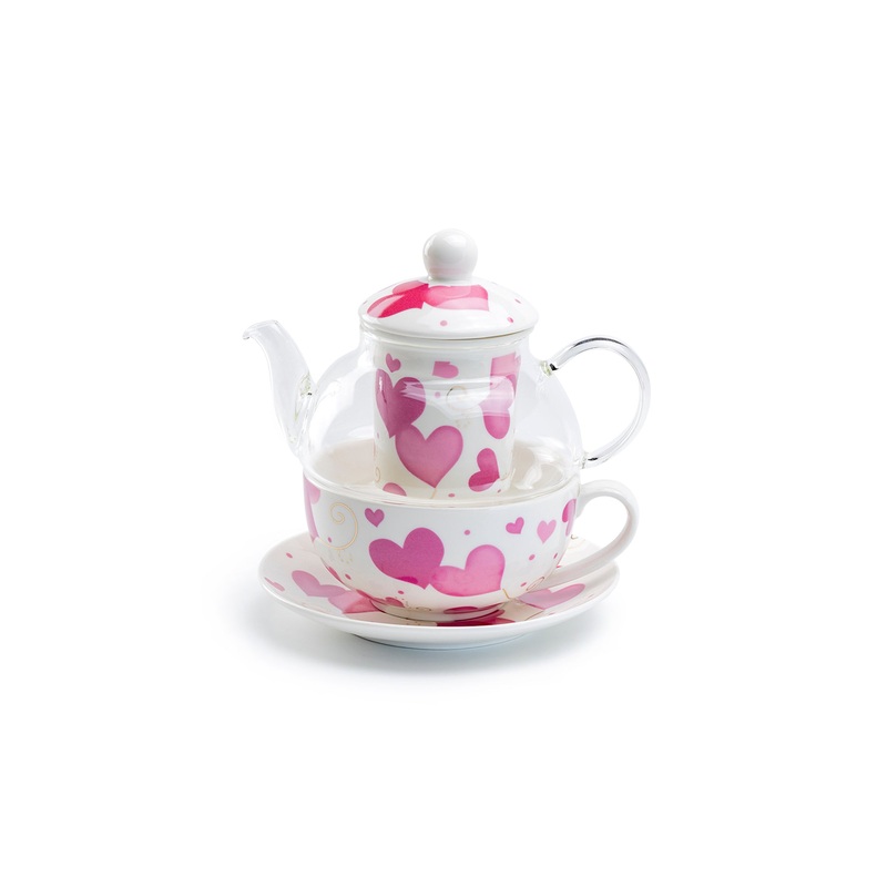 Pink Hearts Glass and Fine Porcelain Tea For One Set