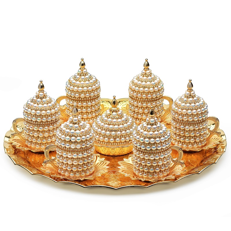 Pearl Coated Coffee Cups Set with Tray and Candy Bowl, 1.69 oz