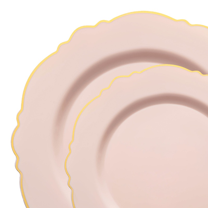 Pink with Gold Rim Round Blossom Disposable Plastic Dinnerware Value Set
