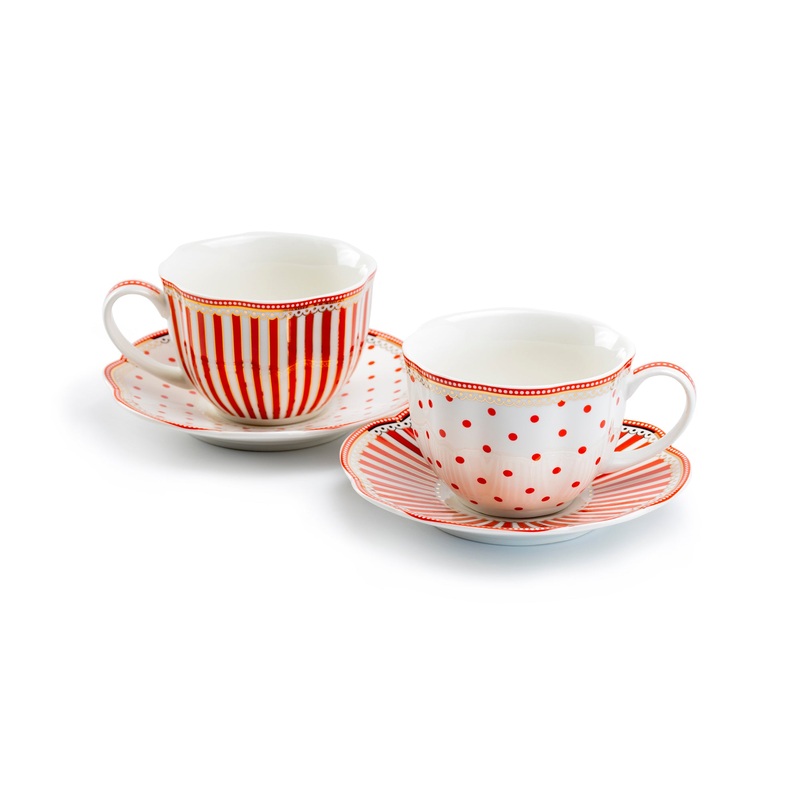 Red Josephine Stripes and Dots Fine Porcelain Cup and Saucer Sets