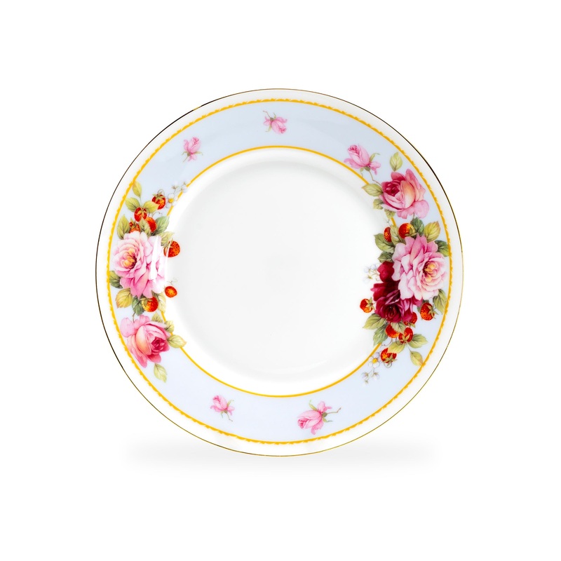 7.75″ Peony and Strawberry Blue Bone China Dessert Plate