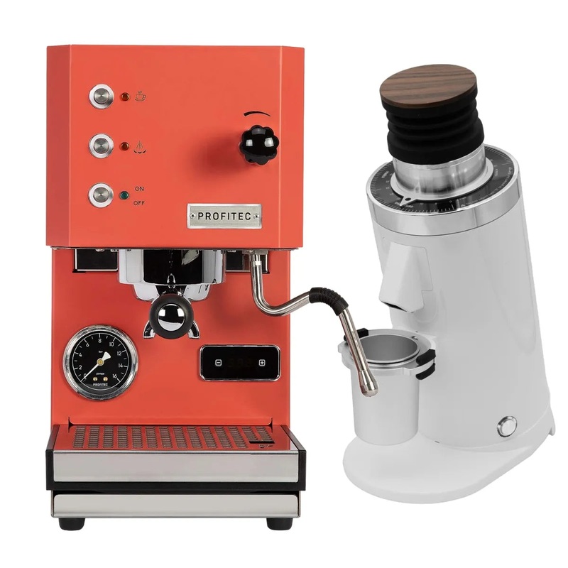 Profitec Go (Red) Espresso Machine & DF64 Gen 2 Grinder w/ DLC Burrs (White) Bundle