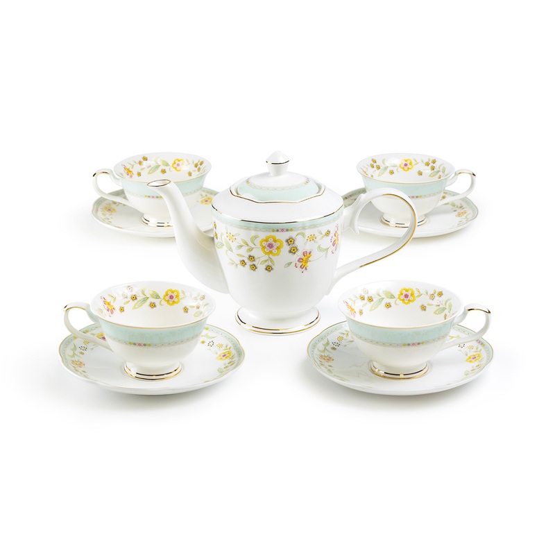 Yellow Corn Flowers with Mint Rim Fine Porcelain Tea Set