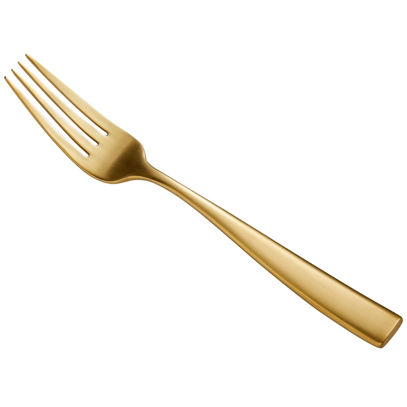 Bon Chef S3017GM Manhattan 8 3/8″ 18/10 Extra Heavy Weight Matte Gold Stainless Steel European Dinner Fork – 12/Pack