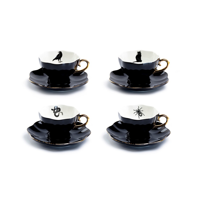 4 Assorted Halloween Tea Cup and Saucer Sets – Raven, Cat, Snake, Spider