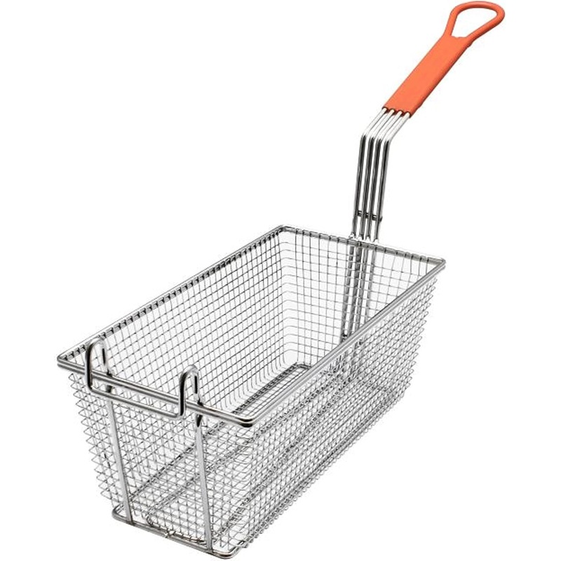 Rectangular Deep Fry Basket with Hook Heavy Duty Nickel Plated Iron with Green Coated Handle – for Home and Restaurant Kitchen Frying Chips Fish Sausages