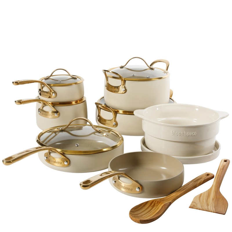 Bloomhouse 15 Piece Pots and Pans Heavy Duty Aluminum Premium PFA Free Ceramic Nonstick Dutch Oven Pot with Lid – Linen White with Gold Handle