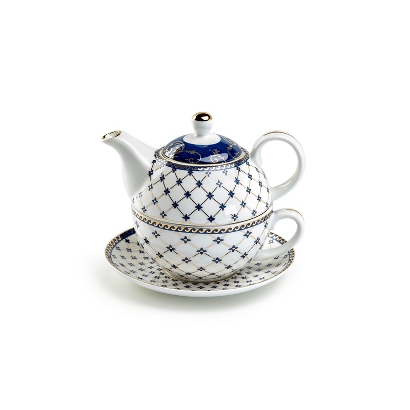 Trellis Blue Gold Fine Porcelain Tea For One Set