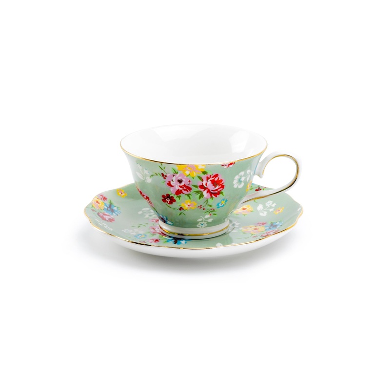 Green Shabby Rose Fine Porcelain Tea Cup and Saucer