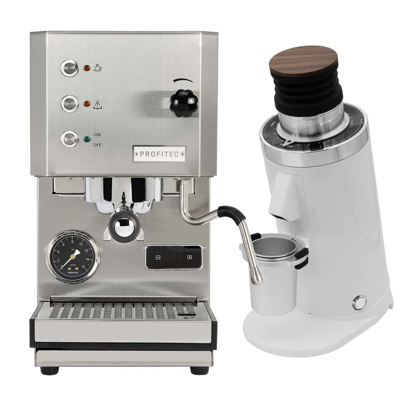 Profitec Go (Stainless Steel) Espresso Machine & DF64 Gen 2 Grinder w/ DLC Burrs (White) Bundle