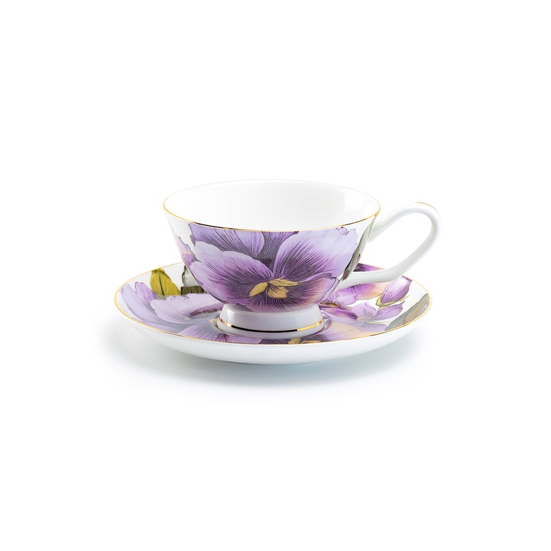 Purple Gold Pansy Bone China Tea Cup and Saucer