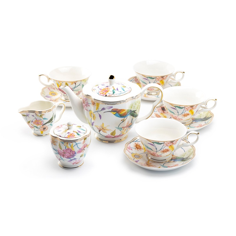 Spring Flowers with Hummingbird Fine Porcelain Fluted Cups Tea Set