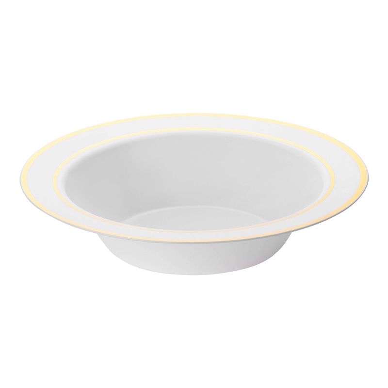 White with Gold Edge Rim Round Disposable Plastic Dessert Bowls (5 oz.)