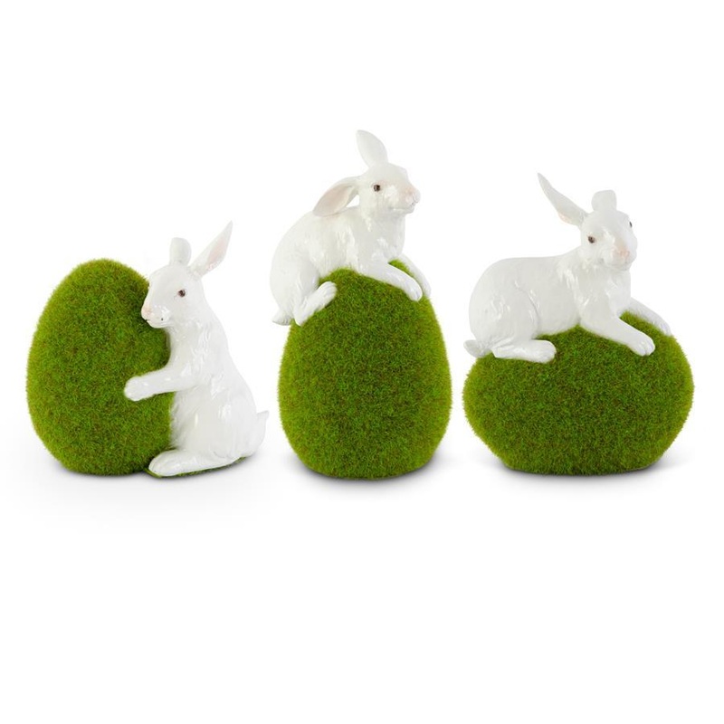 Assorted 5.5 Inch Moss Eggs w/Glossy White Rabbits