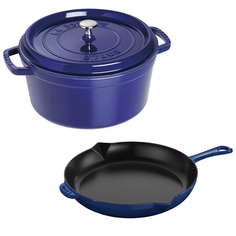 Staub Cast Iron 3-Piece Dark Blue Cocotte and Fry Pan Set