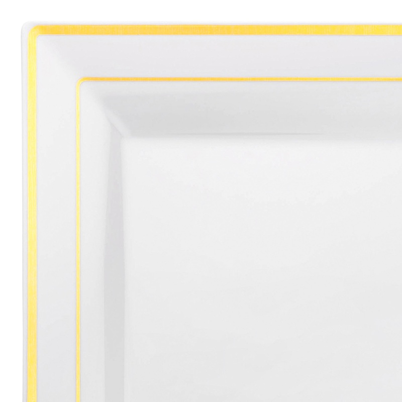 White with Gold Square Edge Rim Plastic Dinner Plates (9.5″)