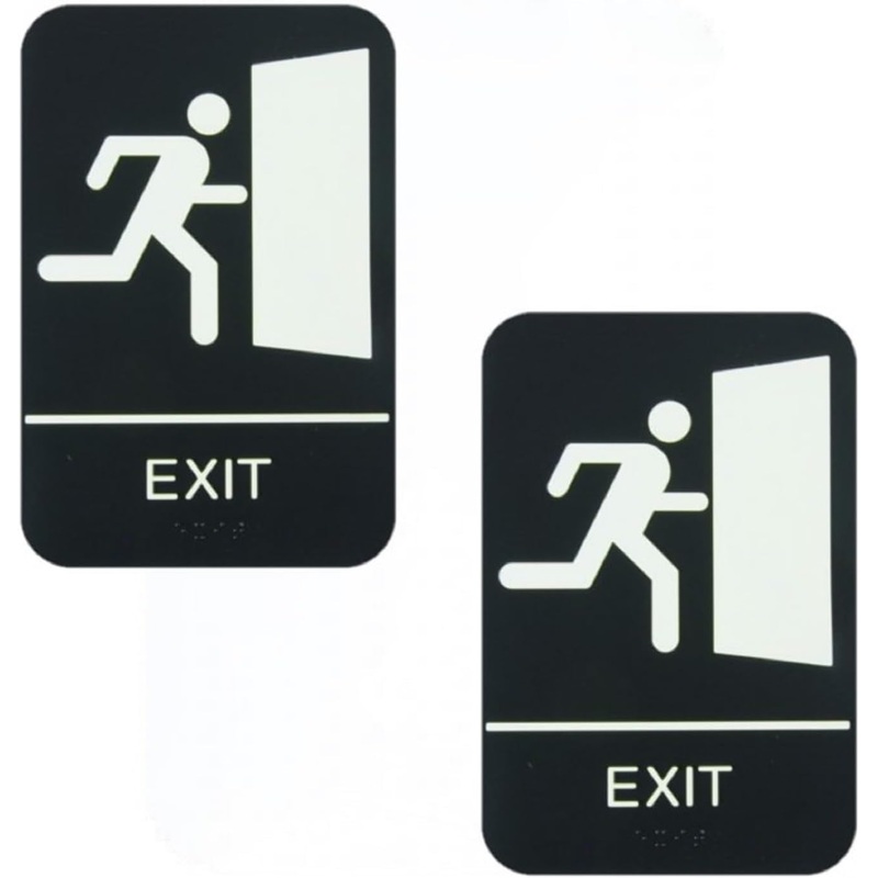 6″ x 9″ Exit Sign with Braille Easy Peel Self-Adhesive White on Black Color Set of 2- Waterproof Self Adhesive Store Signs Indoor/Outdoor Warning Marker Home Business Use