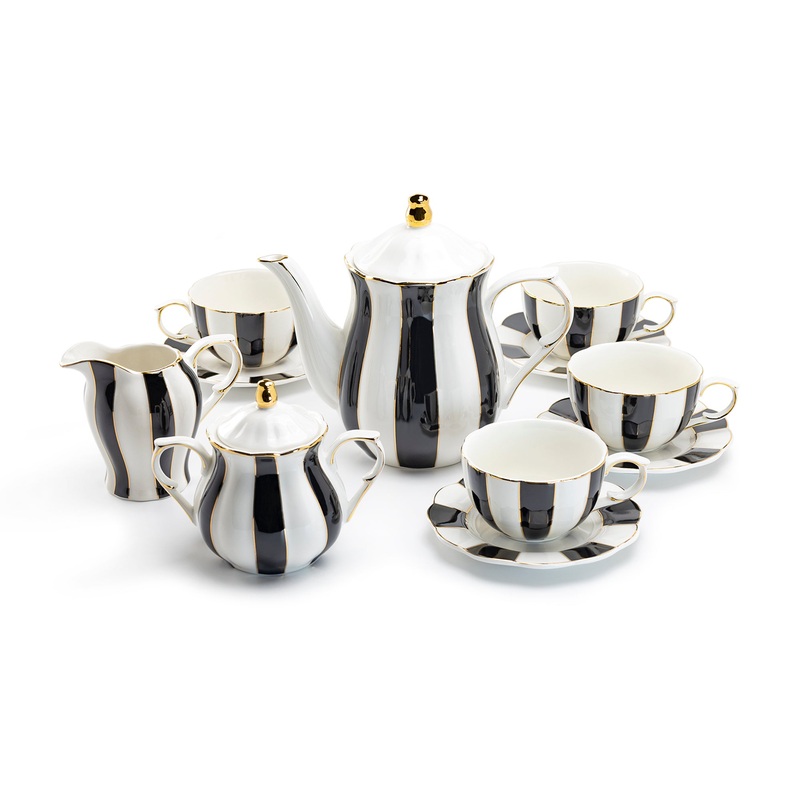 Black and White Scallop Fine Porcelain Tea Set