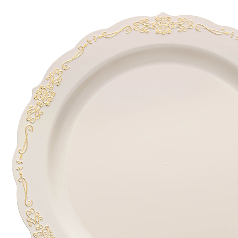 Ivory with Gold Vintage Rim Round Disposable Plastic Appetizer/Salad Plates (7.5″)