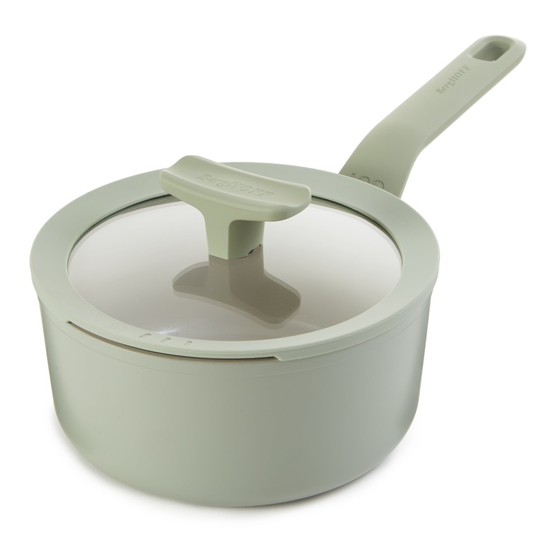 BergHOFF Balance Nonstick Ceramic Saucepan 7″, 2.1qt. With Glass Lid, Recycled Aluminum, Sage