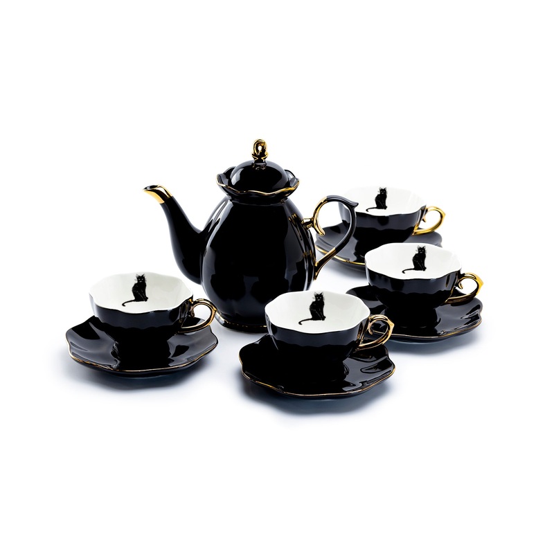 Black Gold Scallop Teapot + 4 Black Cat Tea Cup and Saucer Sets