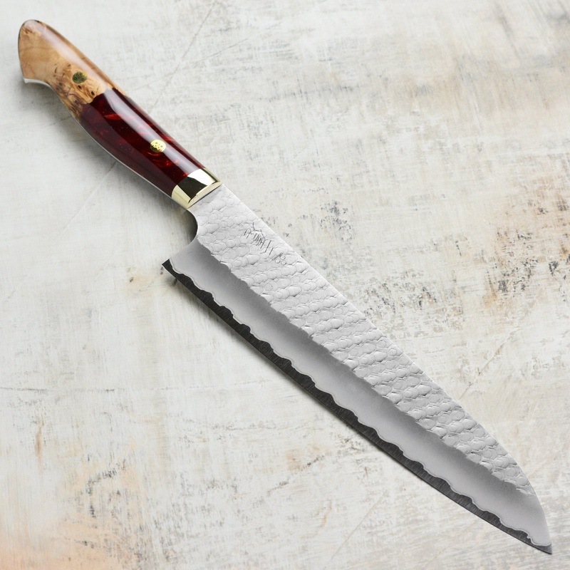 Nigara SG2 Migaki Tsuchime 9.4″ Gyuto, Crimson Acrylic