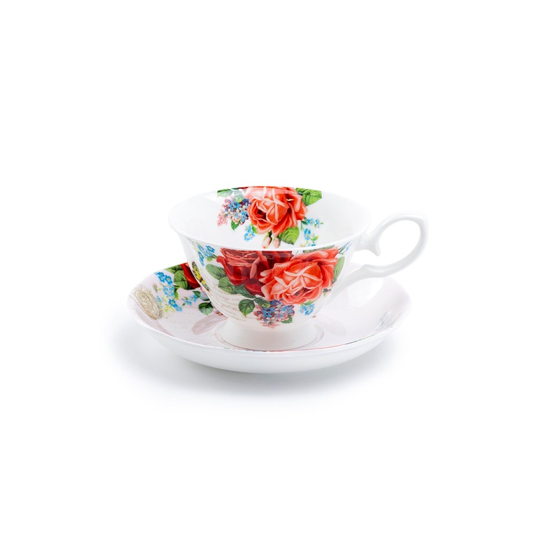 Red Rose Garden Bone China Tea Cup and Saucer