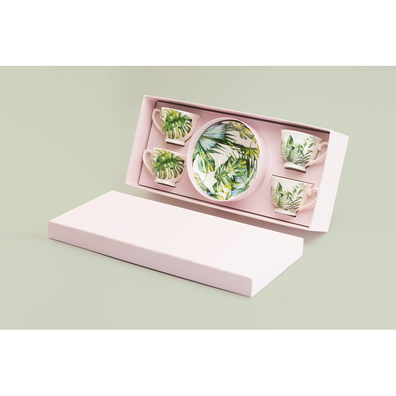 Tropical Leaves 2oz Espresso Cups and Saucers with Gift Box