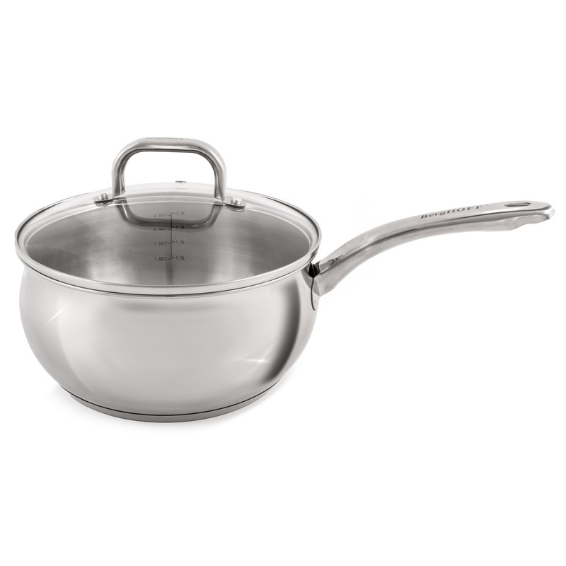 BergHOFF Belly Shape 18/10 Stainless Steel 8″ Sauce Pan with Glass Lid, 3.2qt.